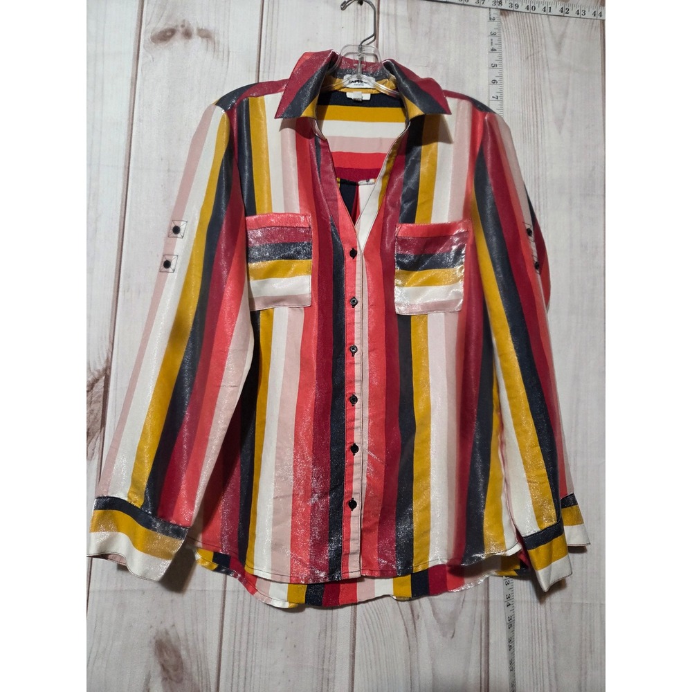 Express Portofino Slim Fit Multi‎ Color Striped Metallic Button Up Shirt Women L